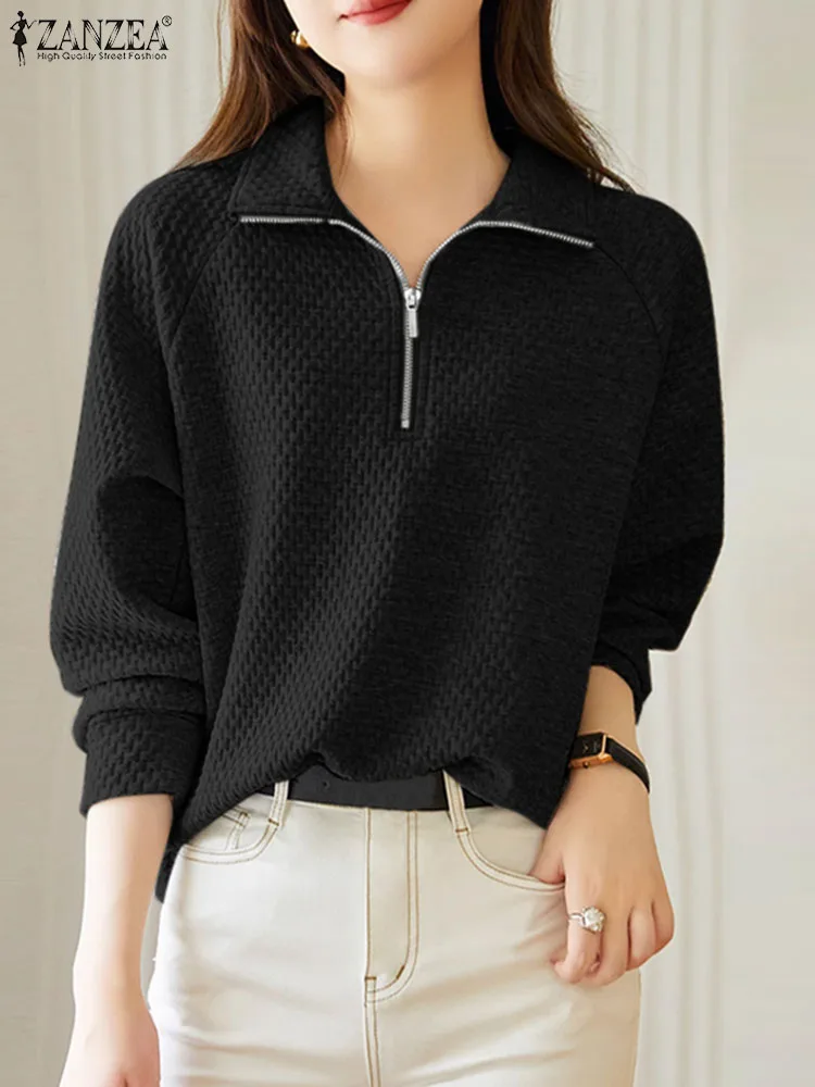 

2024 ZANZEA Women Sweatshirts Elegant OL Work Blouse Casual Long Sleeve Zipper Hoodies Fashion Solid Tunic Tops Female Pullover