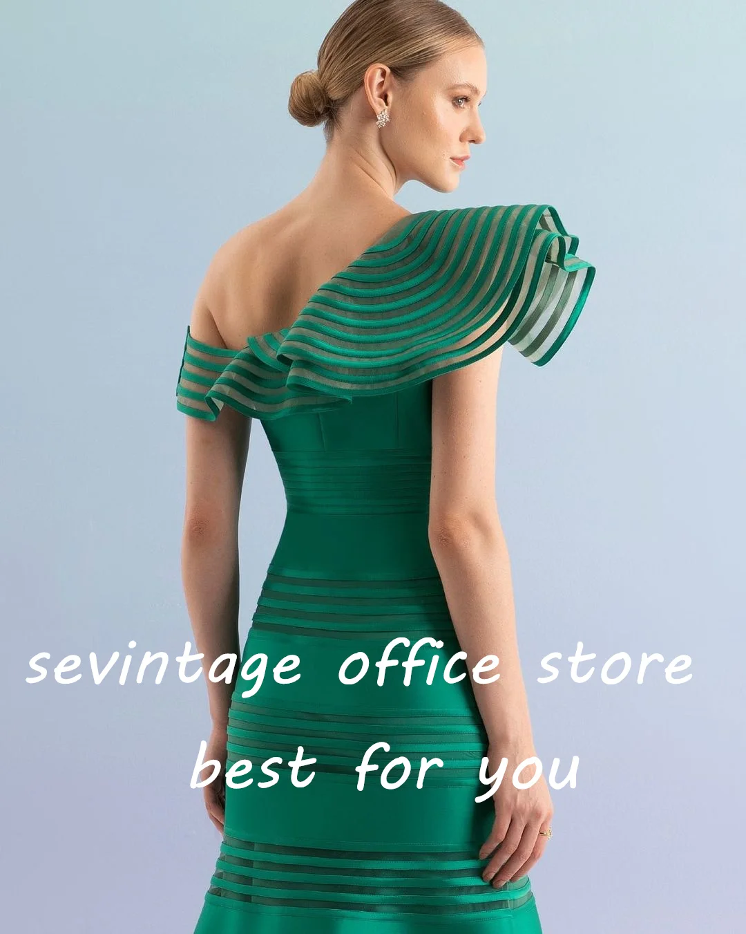 Sevintage-elegante vestido de fiesta verde, sin mangas, un hombro, plisado, fruncido, Formal, 2023