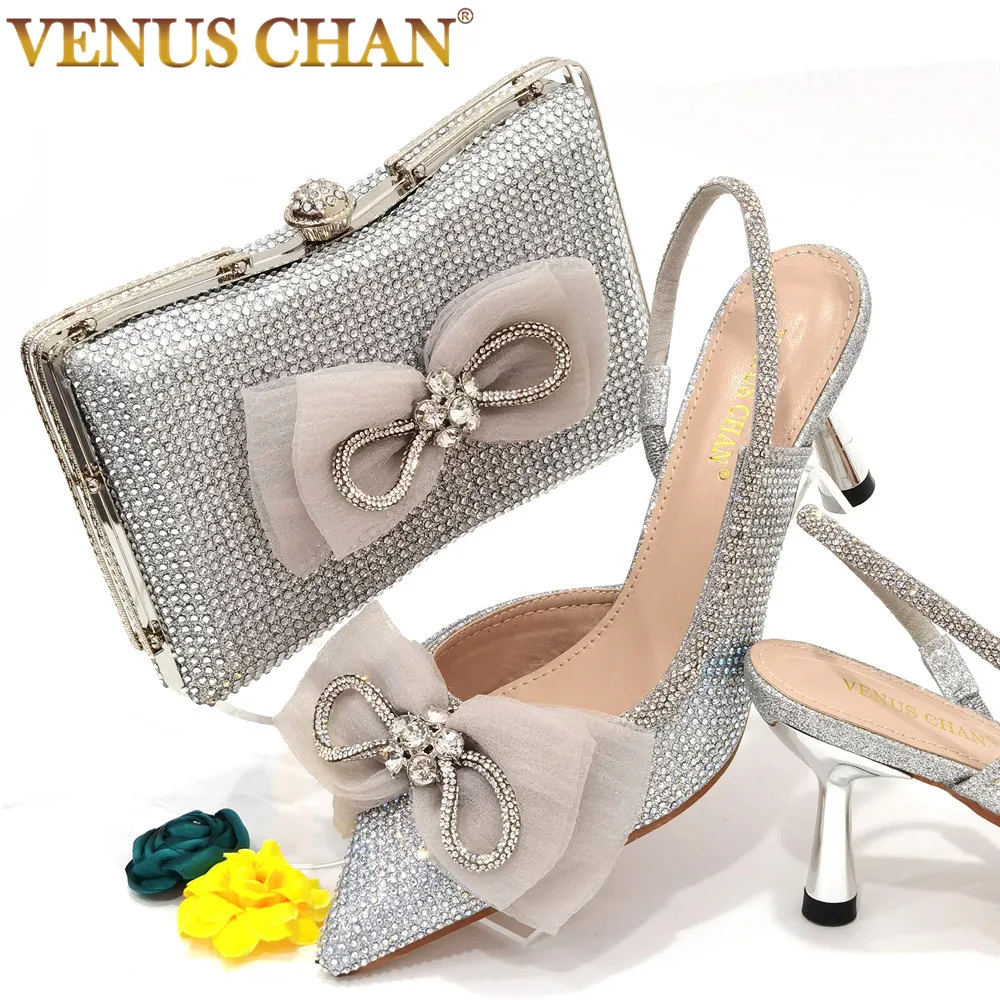 Silver Color Shoes and Bags For Summer Women Set Fashion Evening Pointed High Heels Sandals Party Rhinestone Wedding Women Shoes