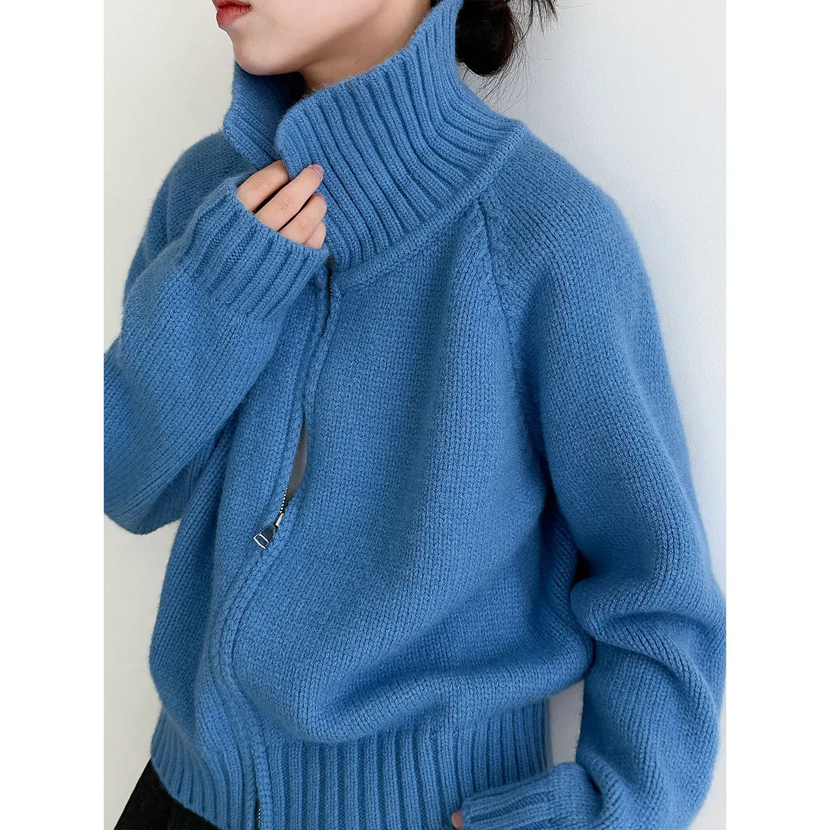 

Sweater Japanese retro design double zipper sweater women's autumn new lazy versatile knitted jacket