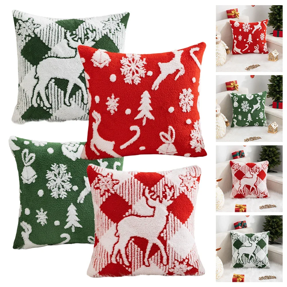 1pc 45CM Christmas Throw Pillowcase Without Core Elk Green Red Snowflake Velvet Christmas Supplies Arboles De Nvidad Decoration