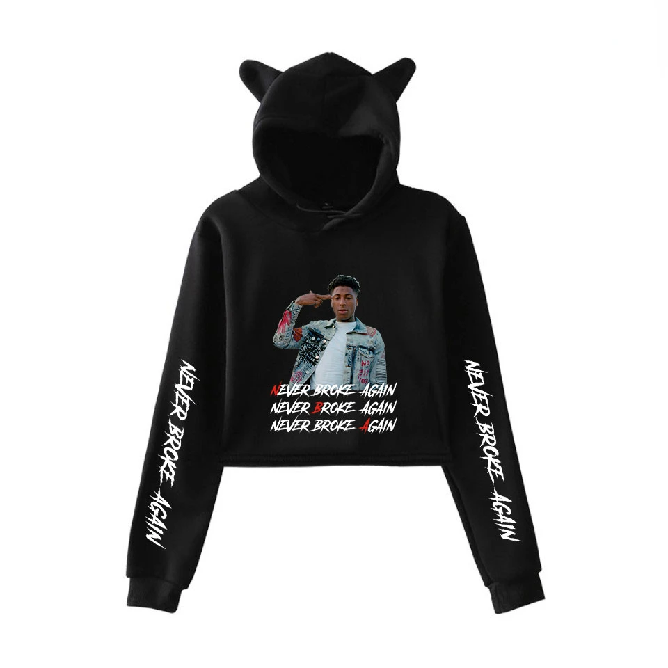 

YoungBoy Never Broke Again Crop Top Hoodie Women Streetwear Hip Hop Kawaii Cat Ear Harajuku Cropped Sweatshirt Sudaderas Mujer