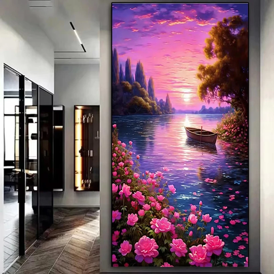 Fiore rosa e barca sul lago ricamo diamante punto croce cielo al tramonto paesaggio pittura diamante trapano completo decorazione della casa