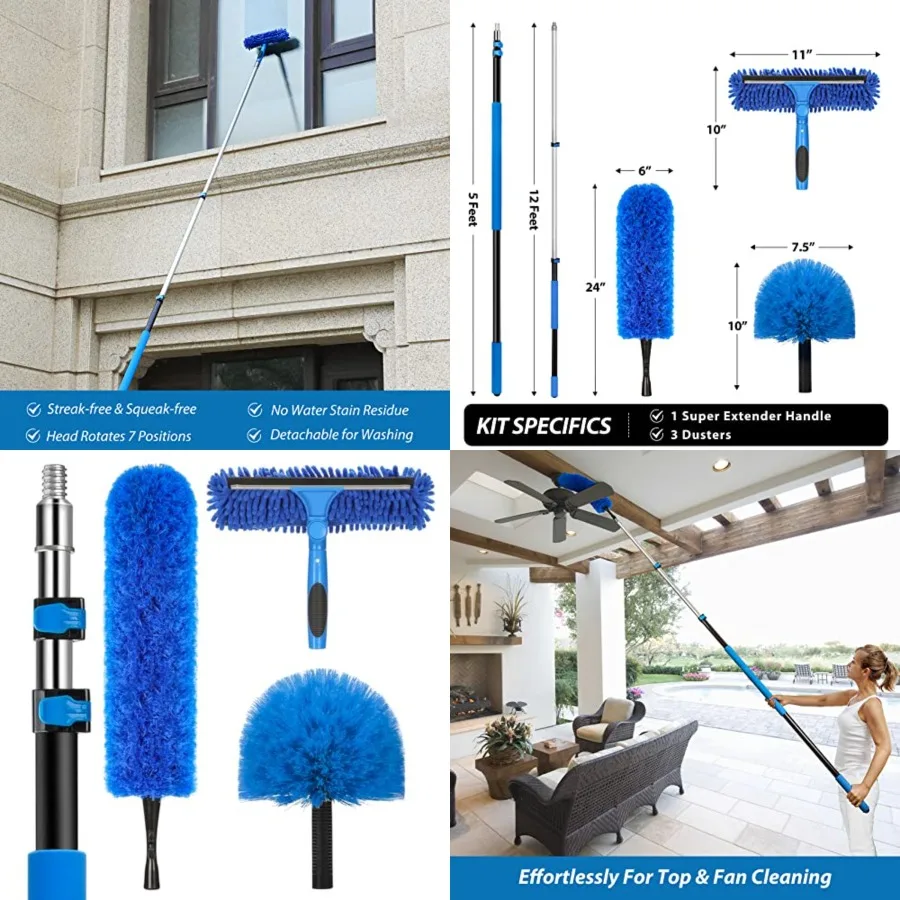 

20 Feet High Reach Duster Kit with 5-12 Ft Extension Pole, Cobweb Duster with Telescoping Pole, Window Squeegee with Scrubber,