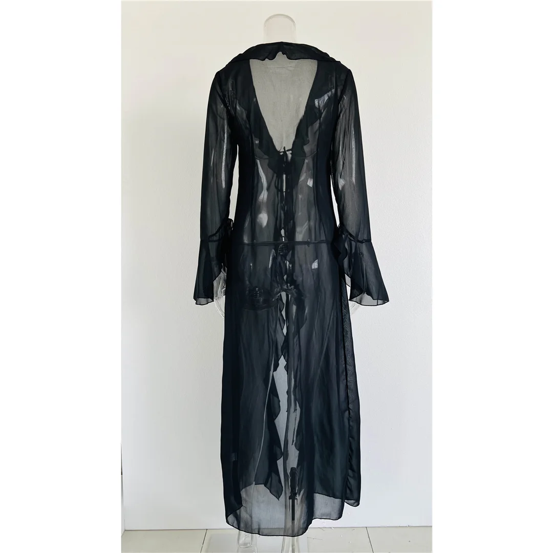 Neues, verführerisches Oberteil mit V-Ausschnitt, Rüschen und langen Ärmeln aus Chiffon, als Strandkleid oder als Überwurf, Strandmode, Damenmode, V5976. – Detail 29