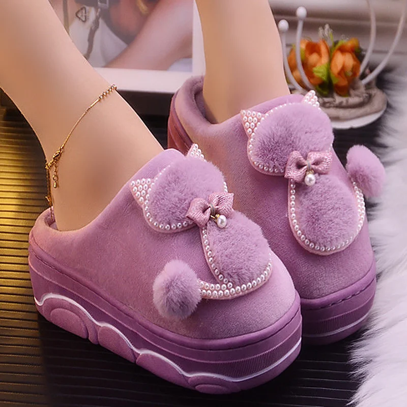 Girls Winter cotton slippers plush indoor rhinestone ladies shoes 2024 stylish new arrival women platform slippers