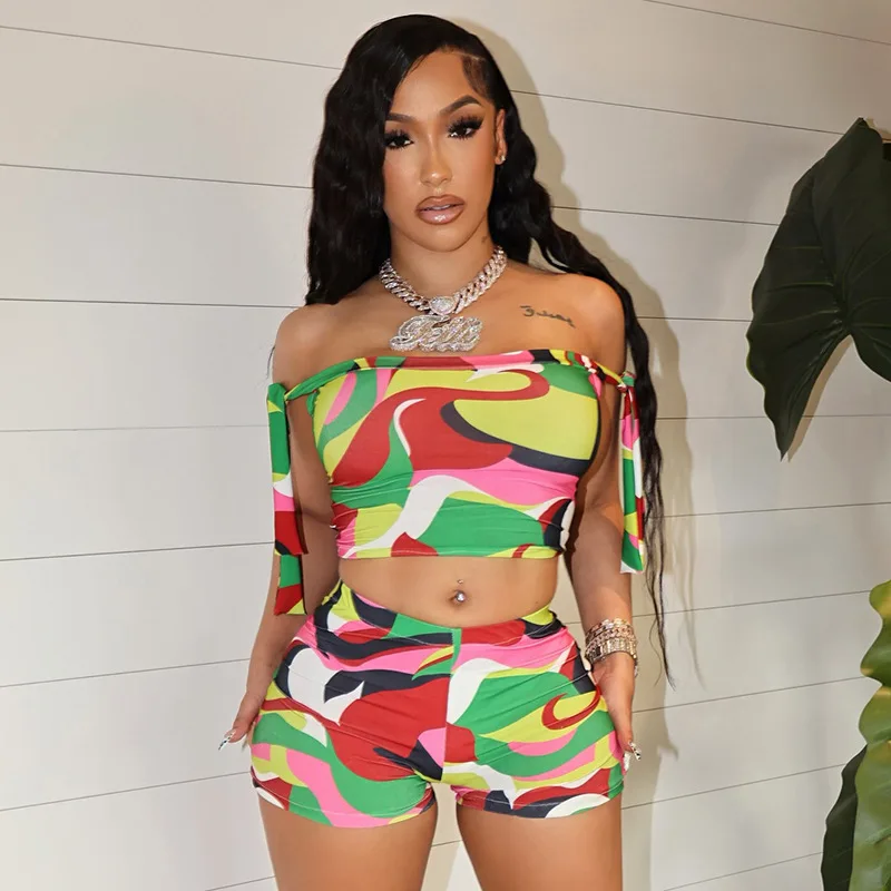 

Gtpdpllt Baddie 2 Piece Sets Outfits Clubwear 2025 Summer Colorful Print Lace Up Off Shoulder Crop Top And Shorts Set