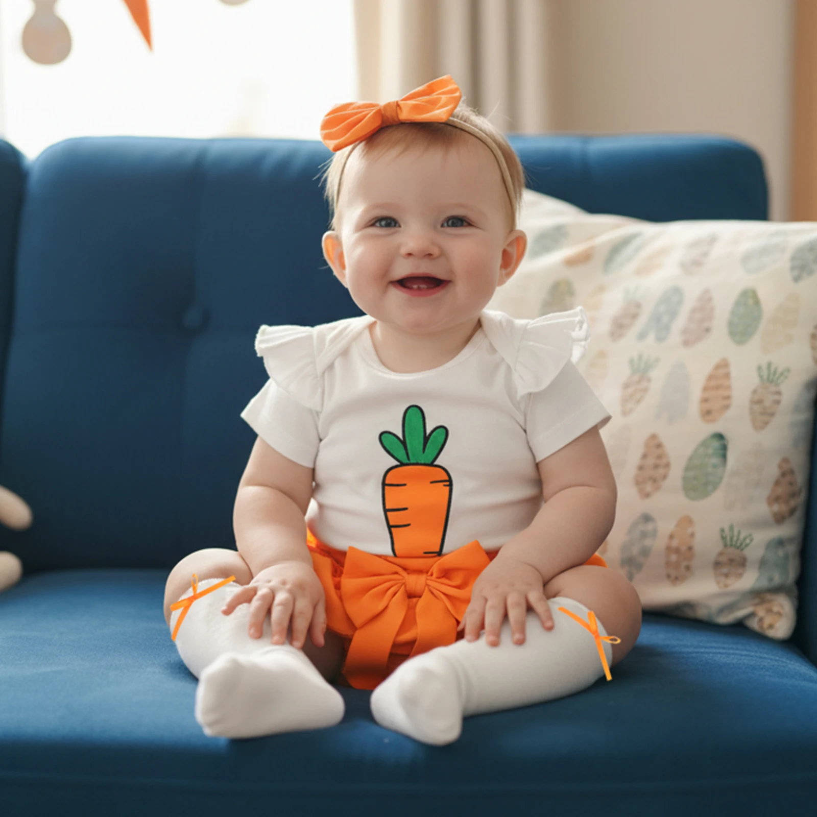Baby Girl Easter Outfit Carrot Short Sleeve Romper Ruffle Shorts Bow Headband Stockings 4 Piece Spring Easter Costume Set