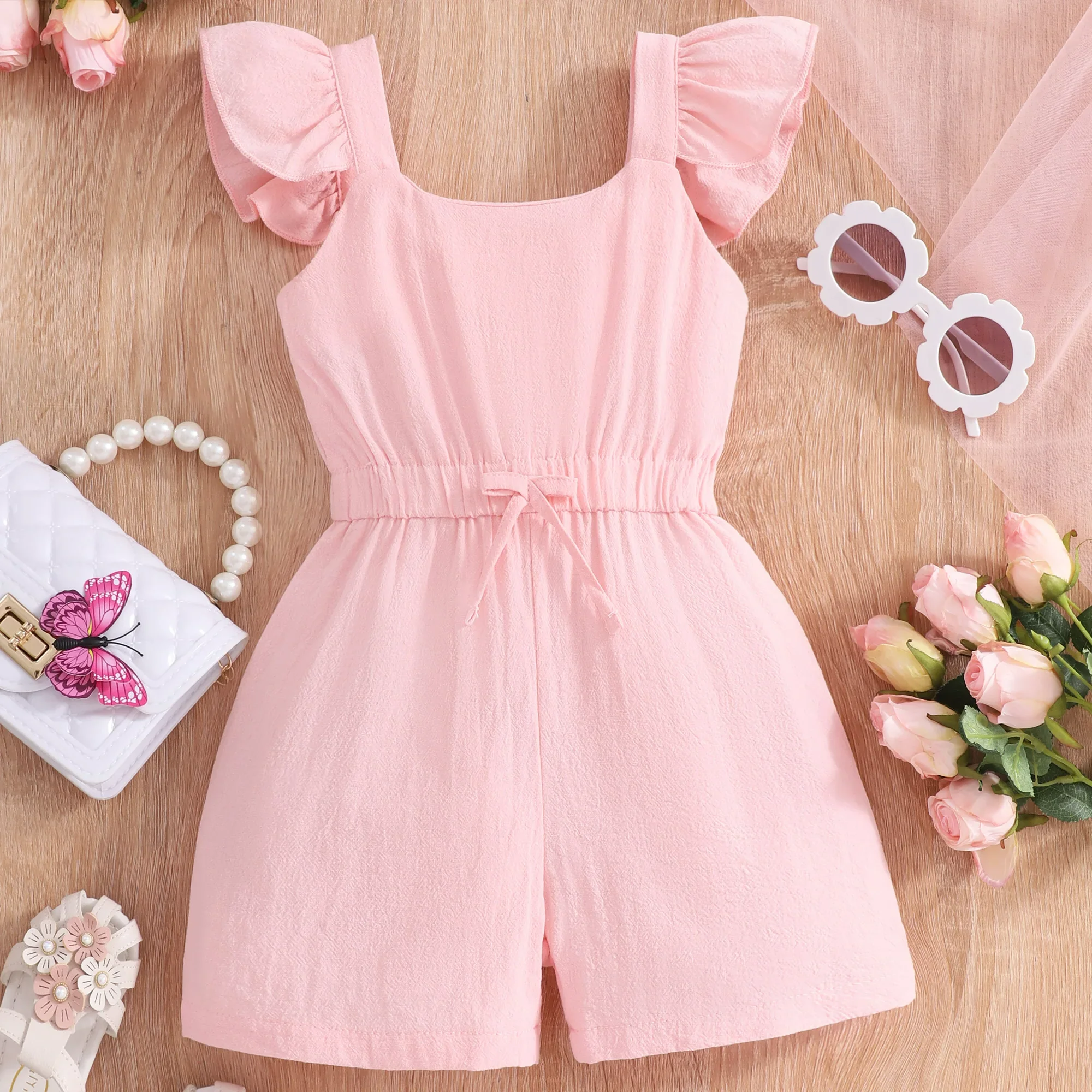 2024 Kids Girls Clothes Short Sleeve Summer Solid Color Children Jumpsuit Elasticity Waist Bow Fashion Casual Cute Girls Romper