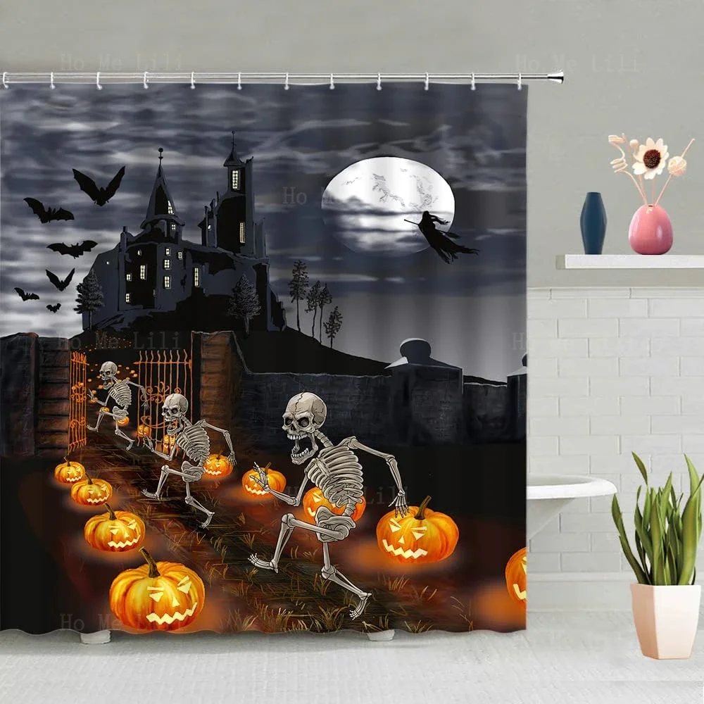 Funny Skeleton Horror Castle Haunted Mansion Witch Halloween Shower Curtain Gothic Scary Pumpkin Spooky Full Moon Night Rustic