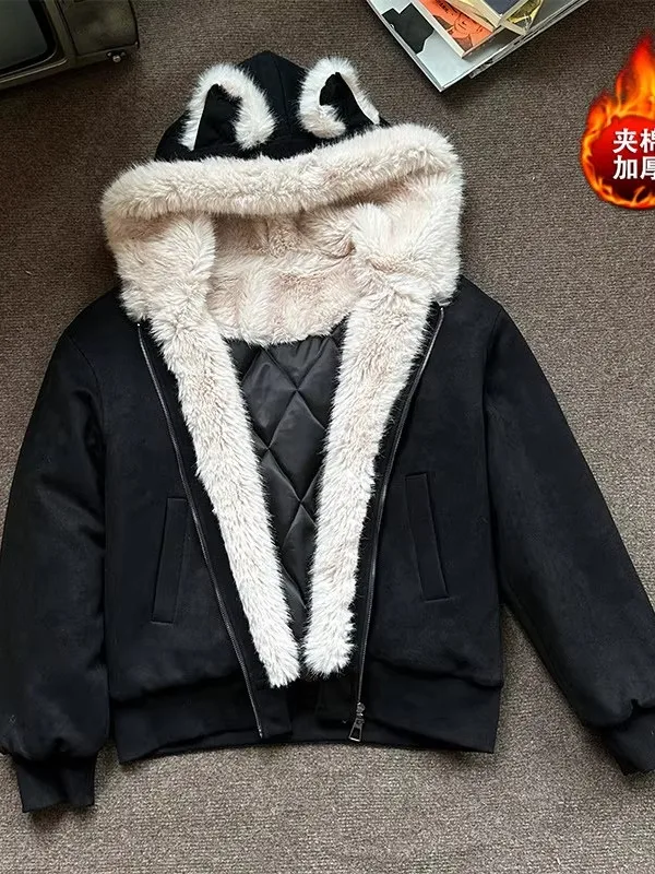 

Зимняя утепленная хлопковая куртка-пилот из замши с флисовой подкладкой, мужская и женская, с молнией на ушках, повседневная теплая куртка
