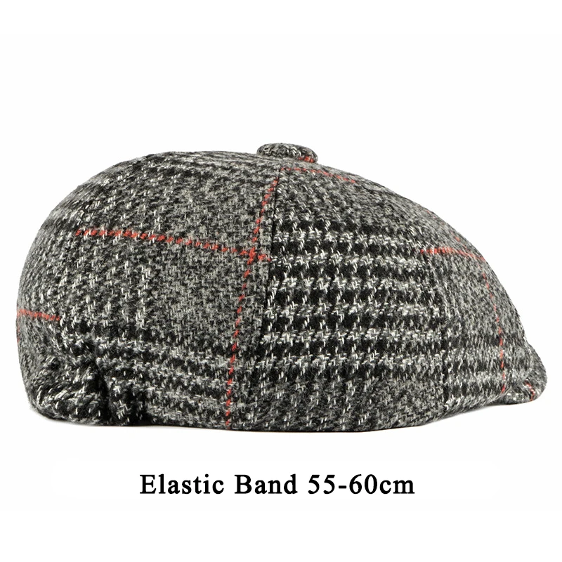 Retro Octagonal Hats for Men Black Plaid Eight-blade Painters Newsboy Cap for Male Herringbone Flat Cap Berets Elastic Band