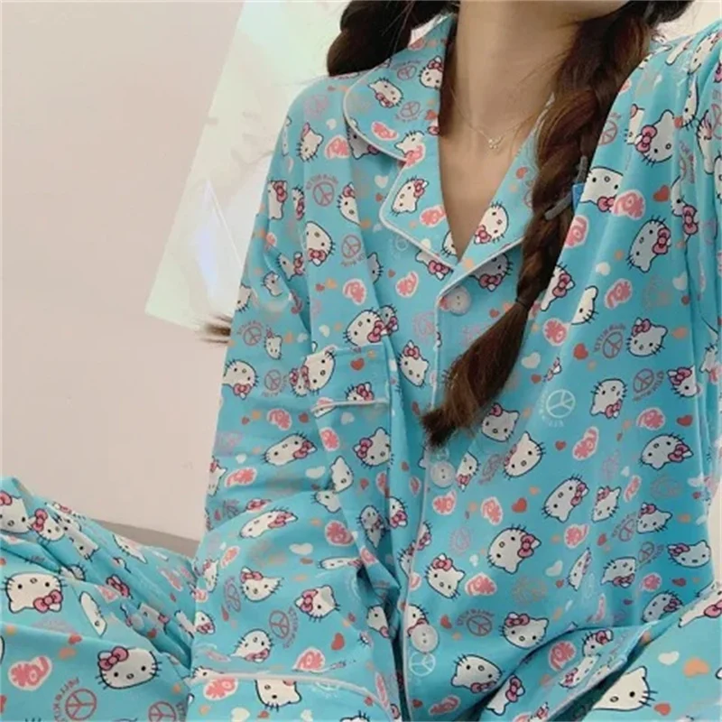 Cute Cartoon Hello Kitty Pajamas for Women Spring and Autumn New Kawaii Long Sleeve Long Pants High-Looking Home Clothes Set