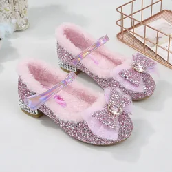 Disney Ragazze Tacchi Alti Donne Tesoro Scarpe di Cristallo Inverno Per Bambini Peluche Moda Arco Congelato Principessa Elsa Scarpe Taglia 23-36