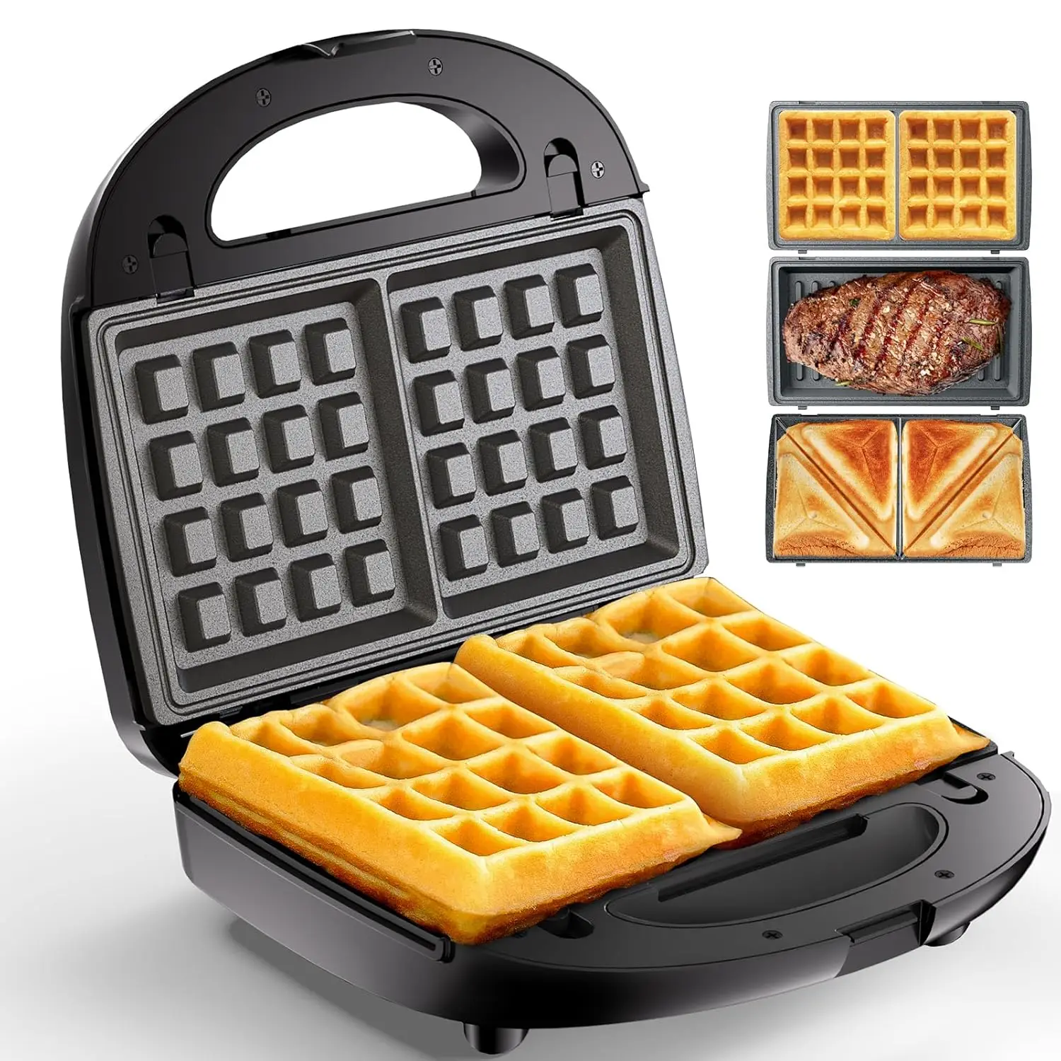 

3 in 1 Electric Sandwich Maker, Waffle Maker with Removable Non-Stick Plates, Grill with Double-Sided Heating, Easy to Clean