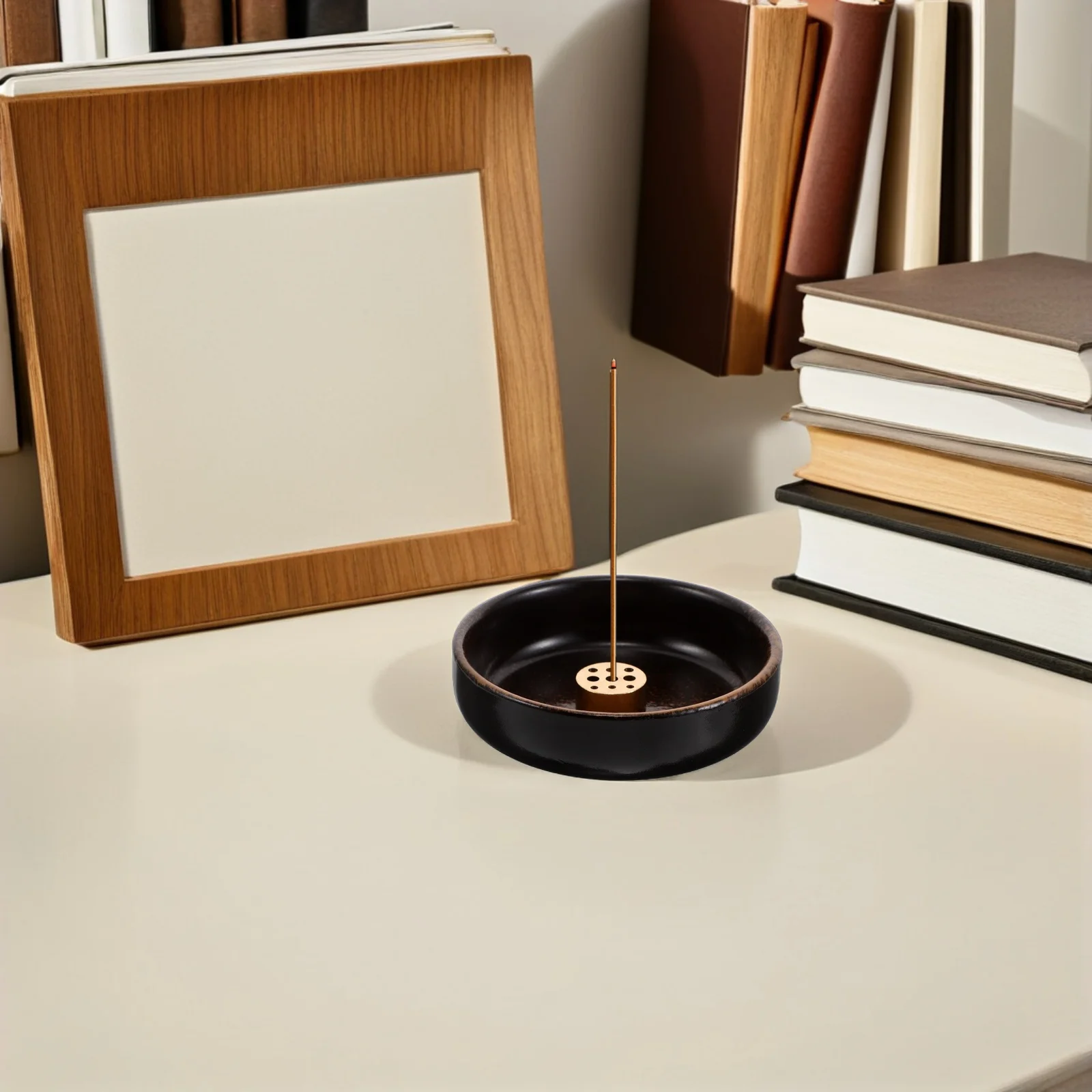 

9-Hole Ceramic Incense Burner Bowl with Brass Tray for Stick Incense Japanese Zen Style Ash Catcher for Spa Office Meditation