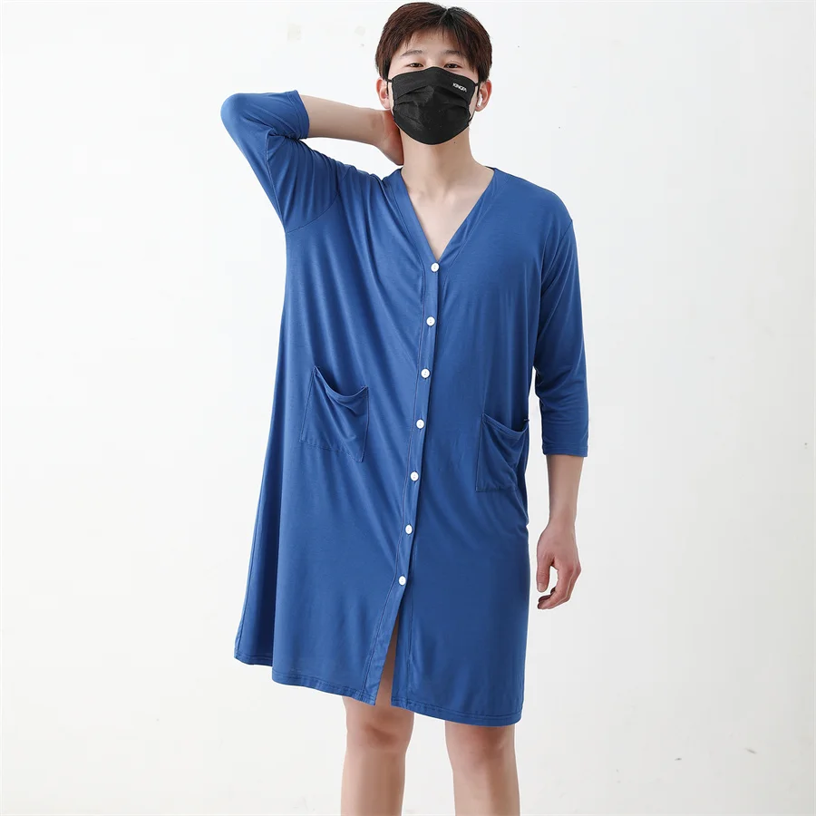 2024 Summer Men\'s Pajamas Robe Modal Cardigan Sleepwear Loose Bathrobe Male Shirt Dress Casual Draped Home Clothes for Men