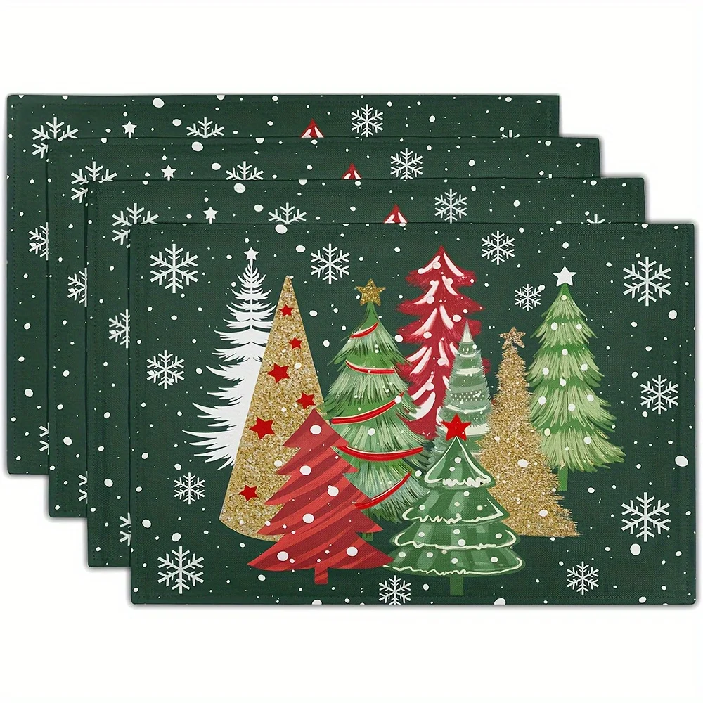 VIKAMA 4-teilige Weihnachtsbaum-Tischsets mit Schneeflocken und Goldrand, Feiertagsversammlung, Familien-Esstisch, dekorative Accessoires