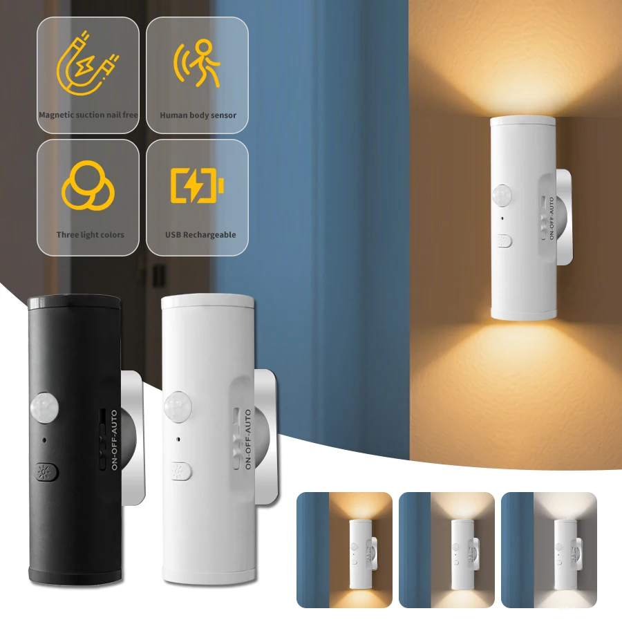 

Настенный светильник с датчиком движения PIR, перезаряжаемый, светодиодный, с магнитным креплением, для освещения вверх и вниз, ночник, декор для комнаты, веранды, спальни, прихожей, лестницы