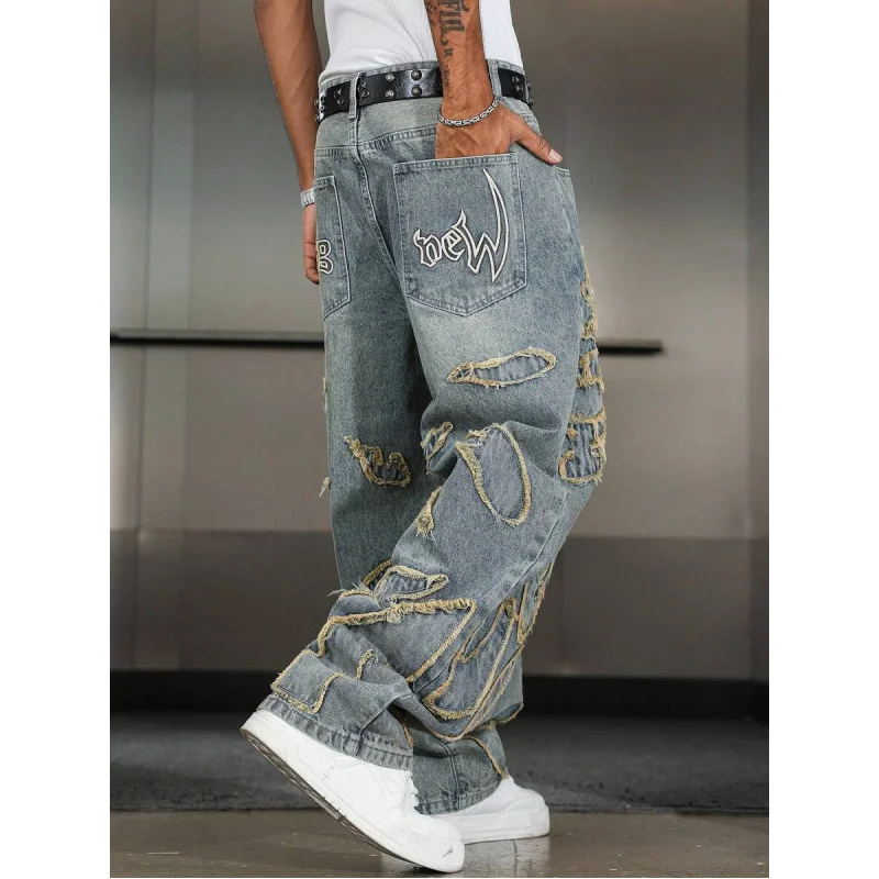 

Men's Pocket Patchwork Frayed Hem Wide Leg Loose Casual Jeans, Emo Style