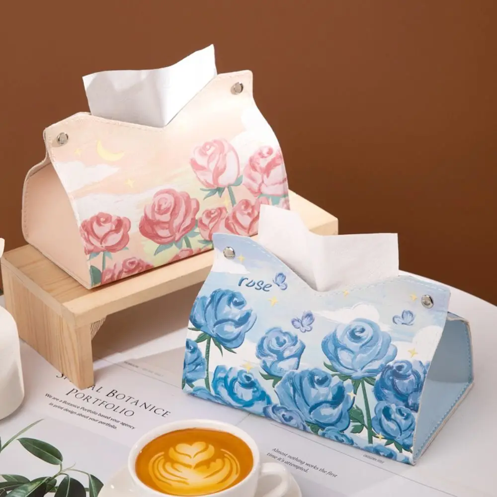 Oil Painting Tissue Case High Quality Smooth Leather Napkin Holder Large Storage with Buttons Paper Towel Box Home Table Decor