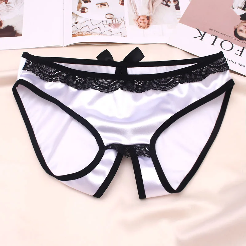 Open Crotch Underwear Women Sex Panties Low Rise Briefs Luxury Satin Silky Smooth Underpants Ladies Hollow Out Erotic Lingerie