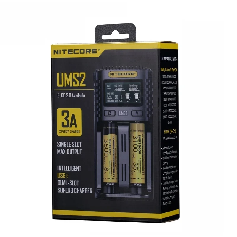 Dual-Slot Charger NITECORE UMS2 Intelligent USB 3A Speedy Battery Charger OLED Screen Display Optional NL2160HP Battery