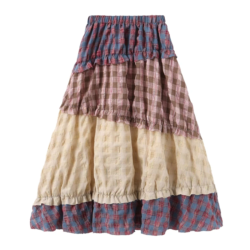 Women's Patchwork A-line Plaid Skirt Vintage Streetwear Aesthetic Y2k Skirt Harajuku Korean Long Skirt 2000s Clothes Summer 2024