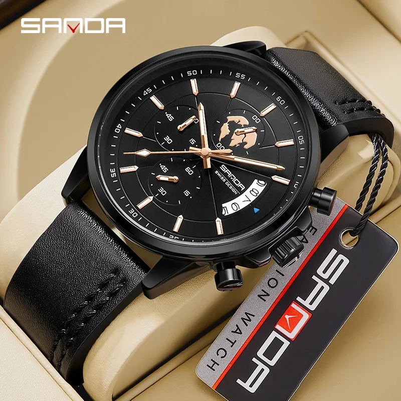 

SANDA 5015 Three Eyes Six Needle QuartzMen's Watch Fashion Simple Steel Band Calendar Waterproof Korean Quartz men Watch