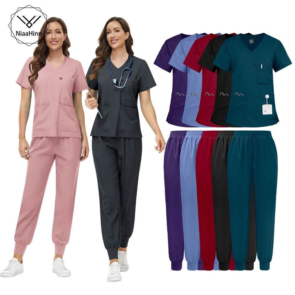 Niaahinn-uniforme médico para enfermera, camisa exfoliante con cuello en V, pantalones, conjunto con bolsillos, Ropa de Trabajo de Hospital, accesorios de enfermería