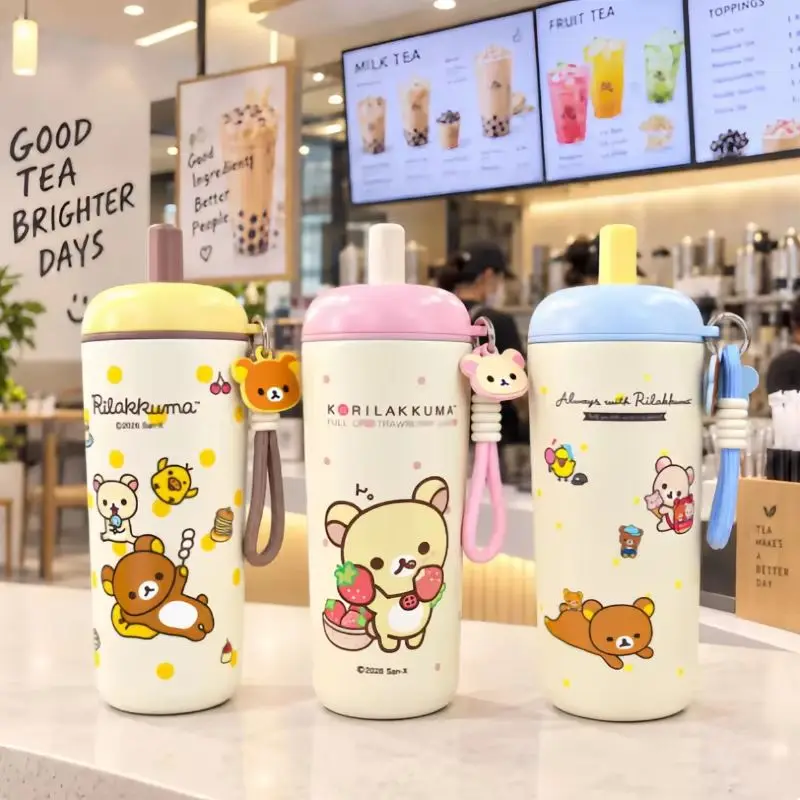 In Stock Rilakkuma 560ml Stainless Steel Straw Insulated Water Bottle Portable Leakproof Travel Car Mug For Adults Surprise Gift