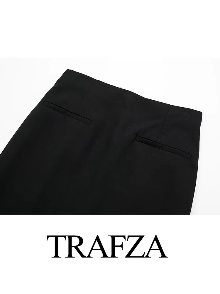 TRAFZA Women Elegant Fashion Black High Waist Midi Skirt With Slit Summer Female Chic Street Zipper Long Skirts Clothing Mujer