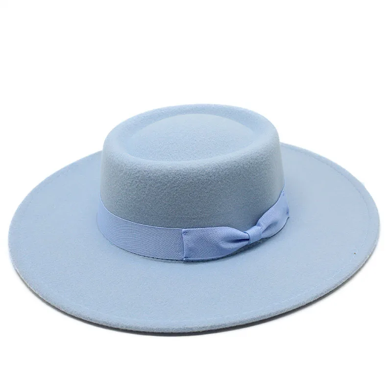 Wholesale Flat Brim Jazz British Ladies Solid Jewish Dome Men Blue Bowknot New Fedora Hats Wool Women Beats Felt Wide Brim