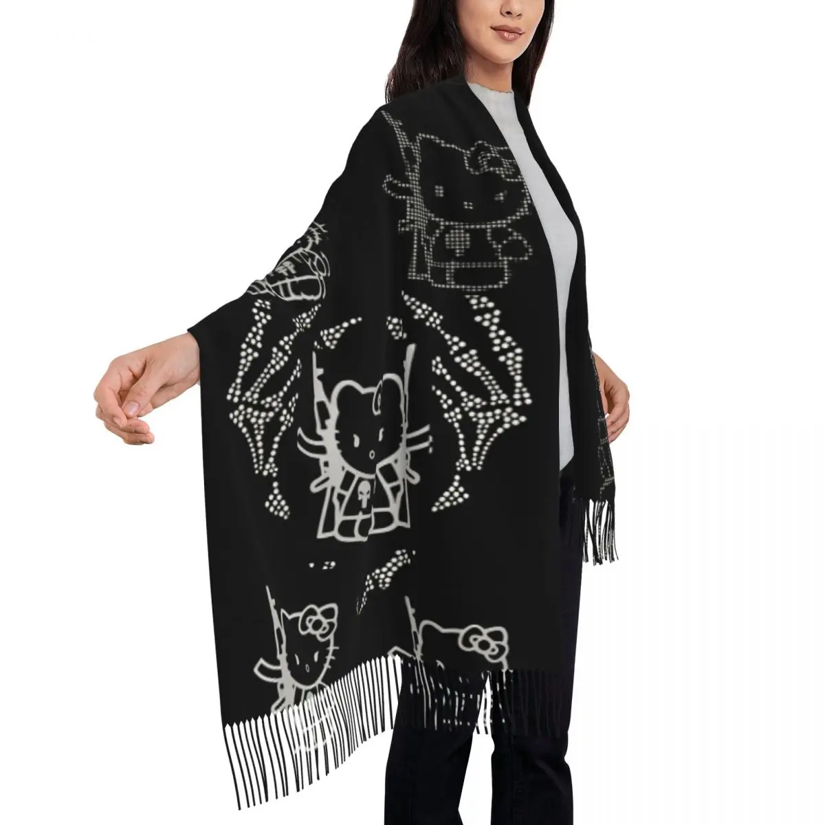 سيدة وشاح في الهواء الطلق مرحبا كيتي روك طباعة أغطية الرأس الأوشحة مع شرابة الرجعية شال يلتف الخريف مخصص DIY Foulard