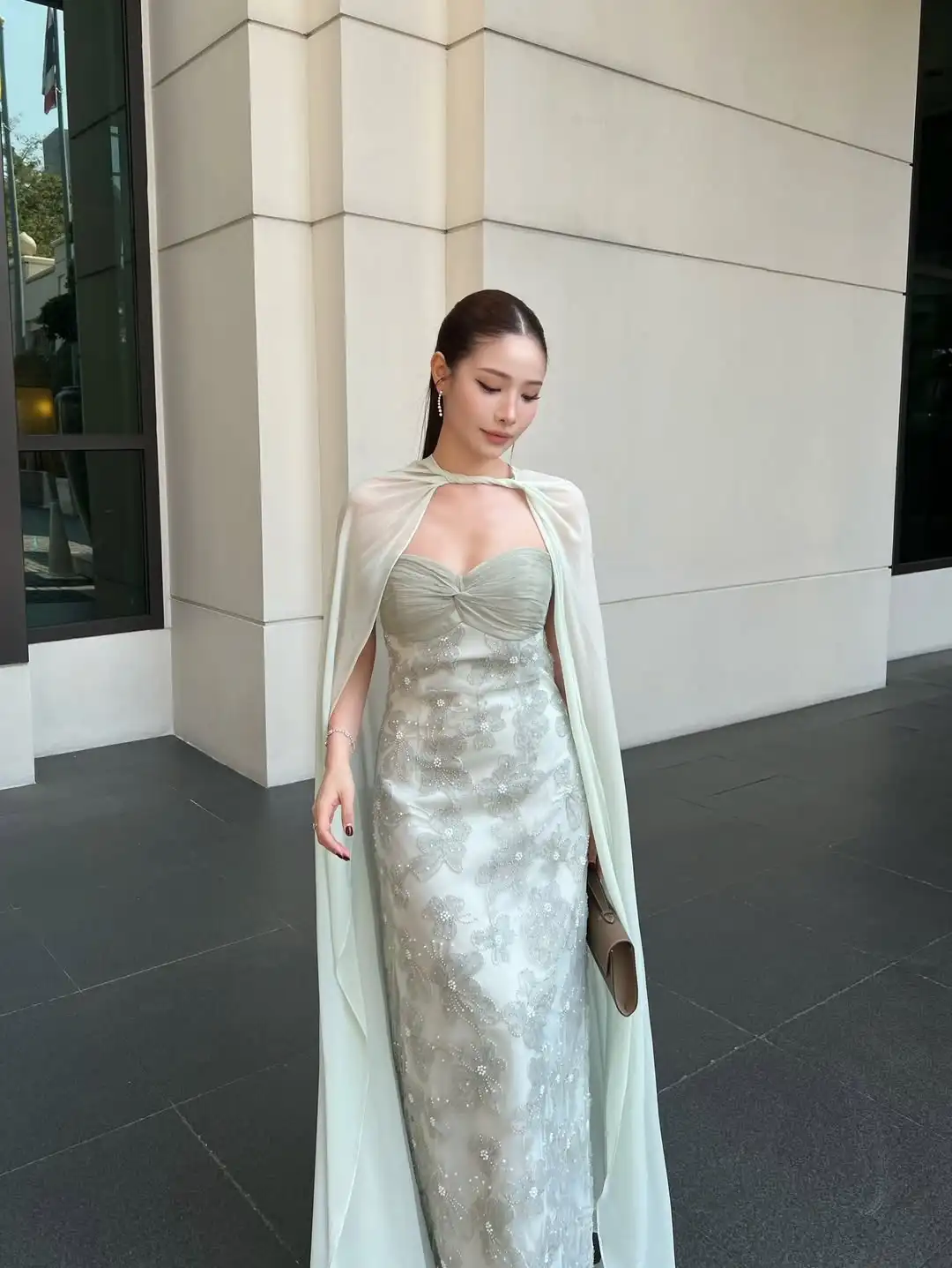 

Elegant Fashion Trend Strapless Cape Knot Beaded Embroidery Satin Chiffon Floor Length Slim Fitting Evening Prom Party Dress