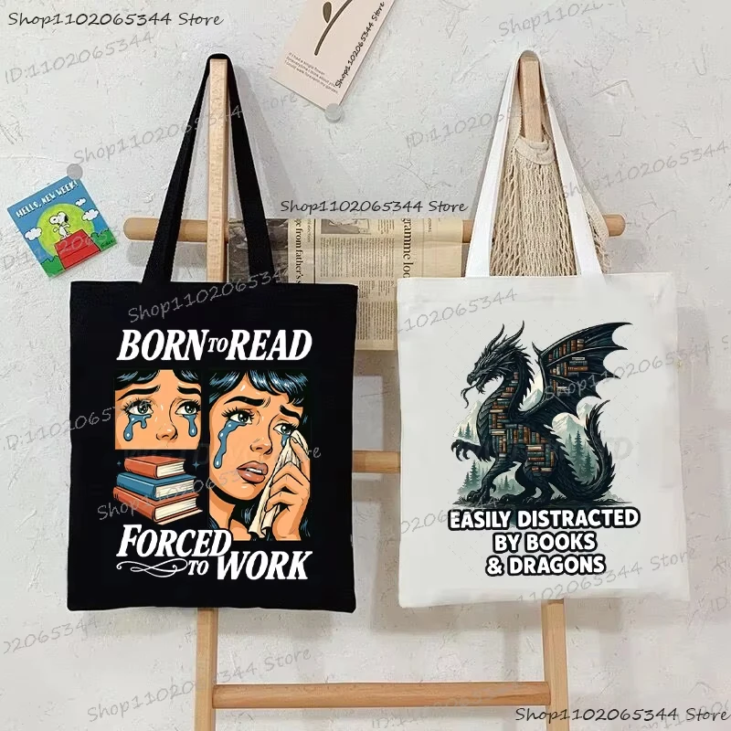 

Vintage Read Club Shopping Bag "Born To Tead Forced To Work" "Easily Distracted By Books Dragons" Canvas Tote Bags Women Handbag