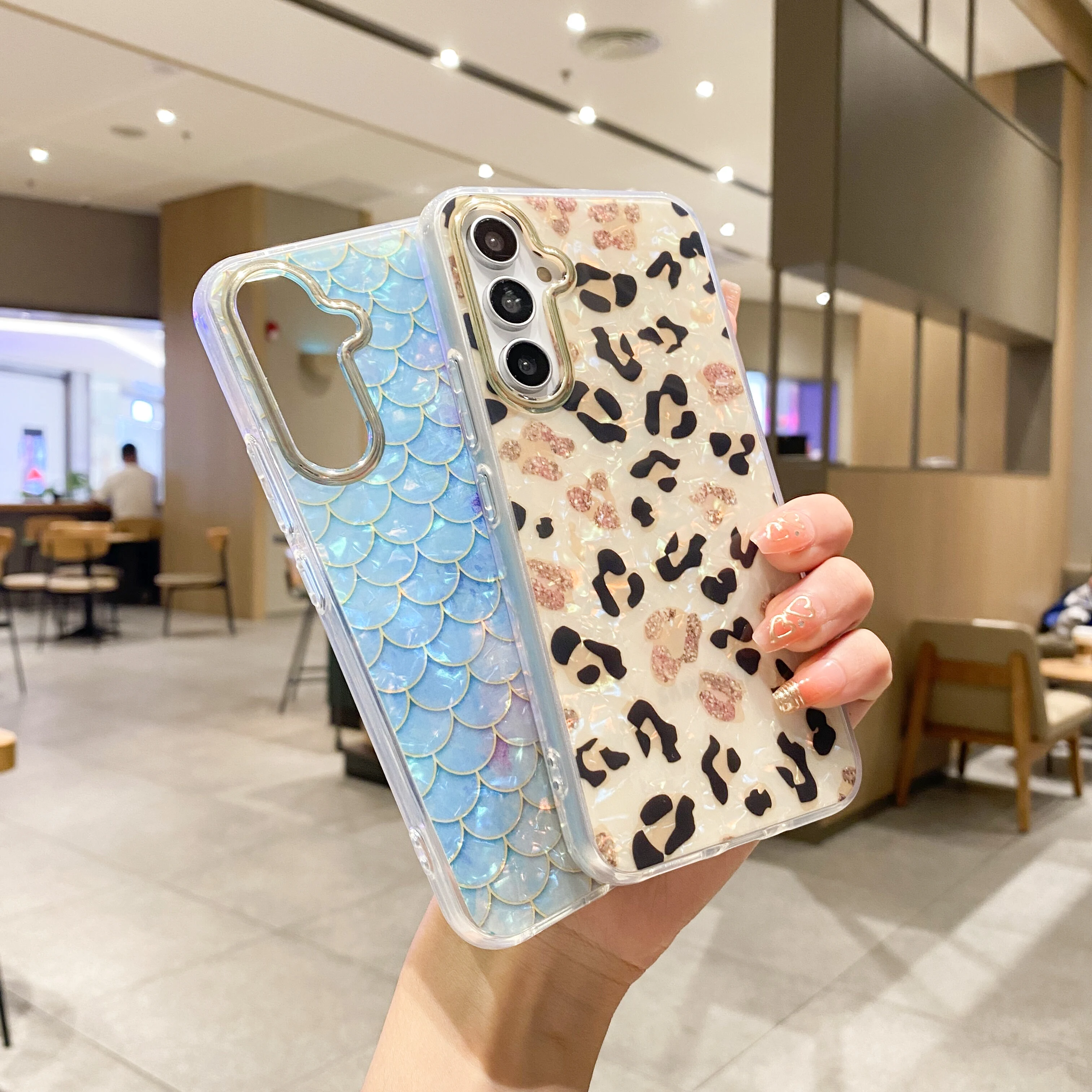 Art Marble Leopard Mermaid Shell Pattern Case For Samsung S24 S23 FE S22 Ultra Plus A25 A35 A55 A15 A54 A53 A52 A34 A24 A14 A13