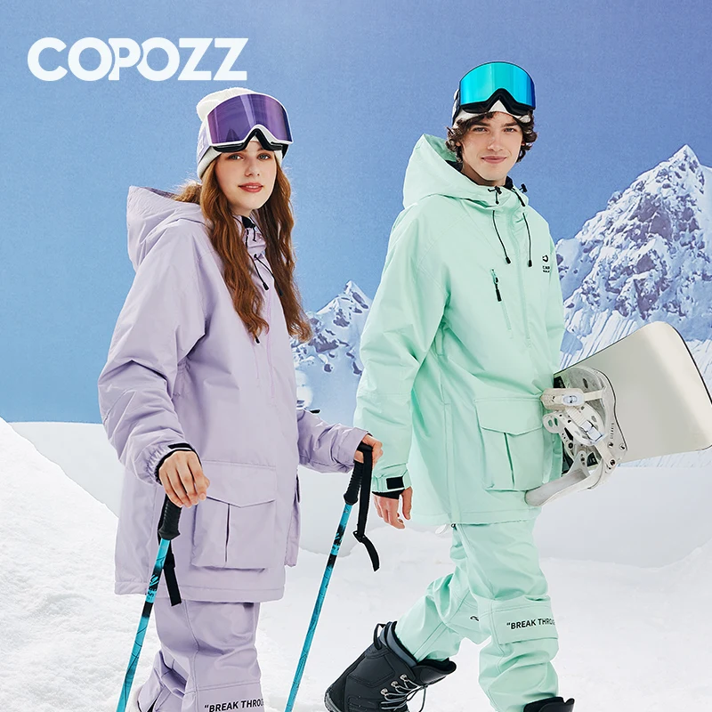 COPOZZ Waterproof Thicken Ski Suit Women Hooded Windproof Ski Jacket Men Winter Sports Warm Ski Pants Outdoor Snowboard Ski Coat