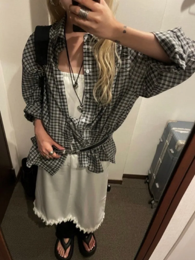

Korean Simple Oversize Blue Plaid Blouses Loose Casual Long Sleeve Shirt Women 2025 Spring Autumn New Lapel Neck Tops Mujer