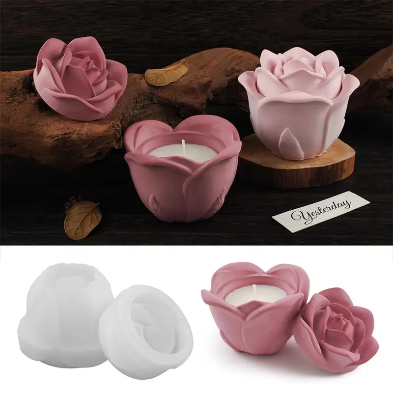 3D Rose Candle Jar Concrete Silicone Molds With Lid Crystal Resin Mold Flower Candle Holder Storage Box Cement Mould Home Decor