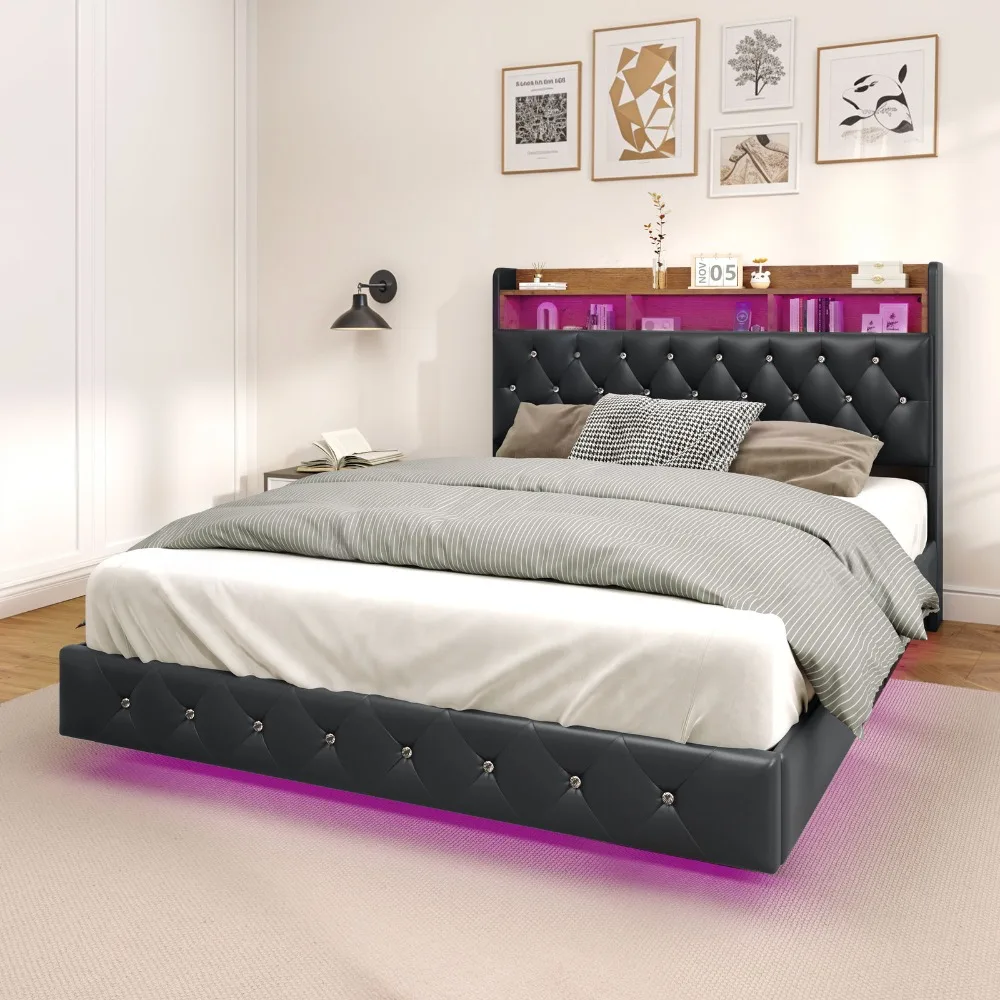 

Floating Bed Frame Queen Size w/ Headboard Storage