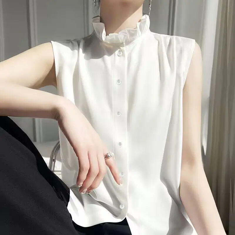 Women\'s Korean Fashion Ruffle Sleeveless Button Shirt Office Lady Elegant Business Casual Blouse Summer White Loose Chiffon Tops