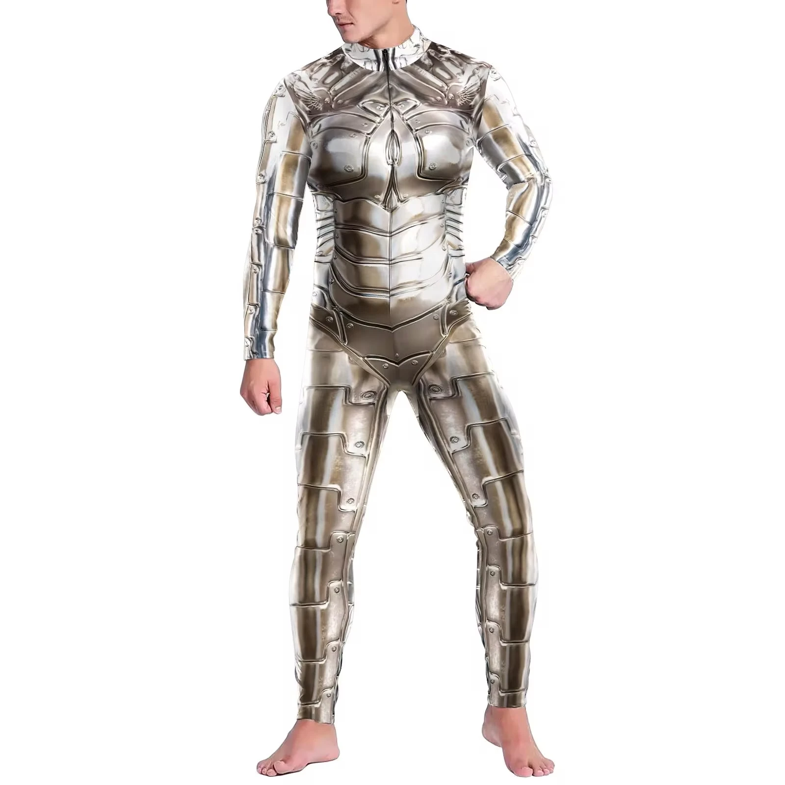 Silver Droid Printed Costume Men Robot Punk Cosplay Bodysuit Purim Carnival Halloween Zentai Suit Male Party Clothes 2024