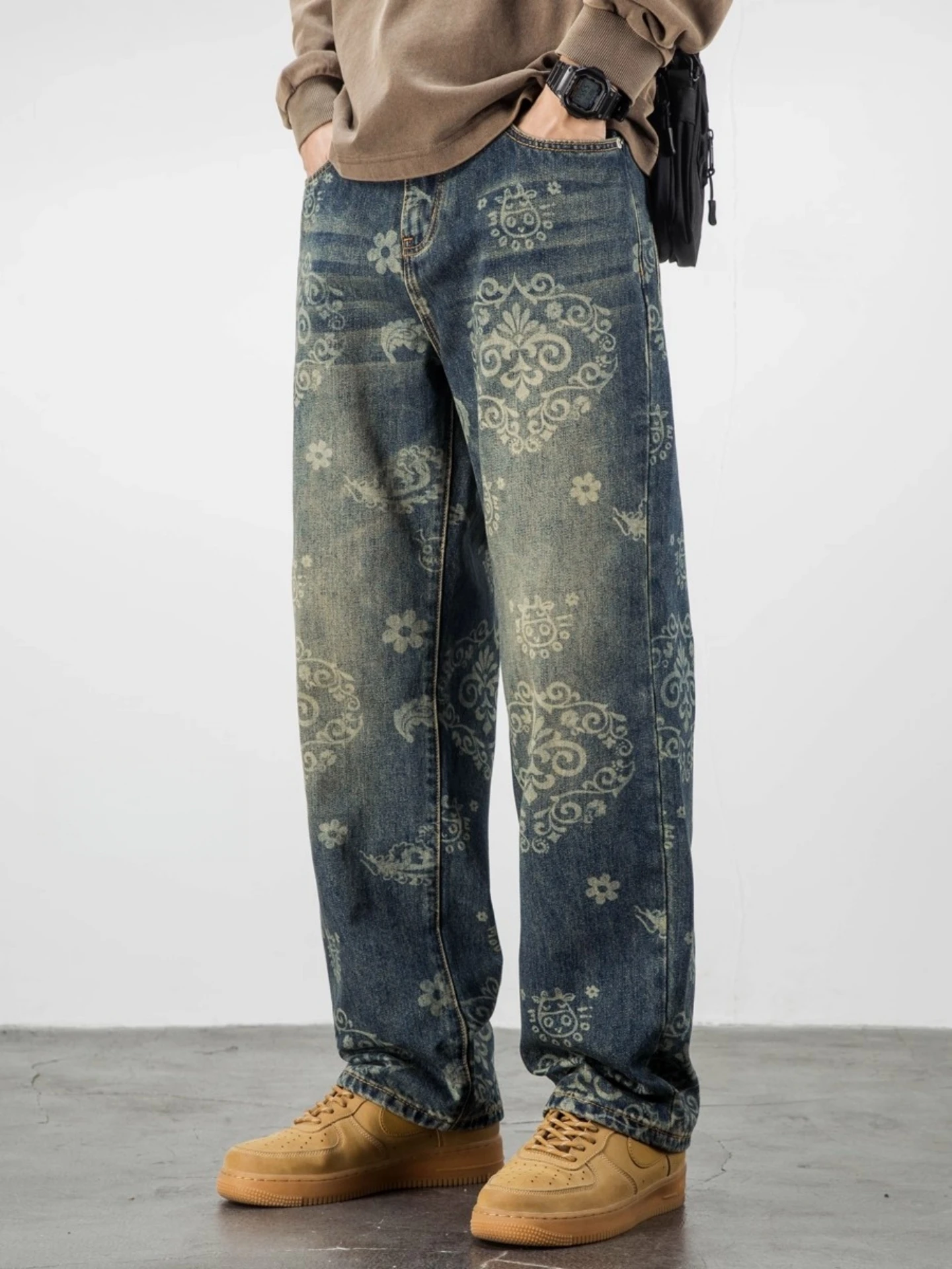 

Мужские джинсы премиум-класса свободного прямого кроя, повседневные, из денима, с индивидуальным принтом, удобные, длинные брюки