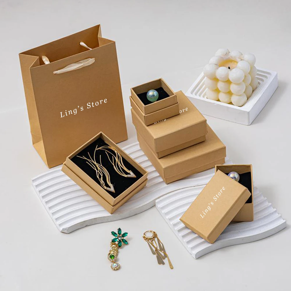 

Personalized Jewelry Paper Box Kraft Cardboard Boxes Ring Earrings Bracelet Pendant Packaging Case Suede Velvet Bag Storage Case