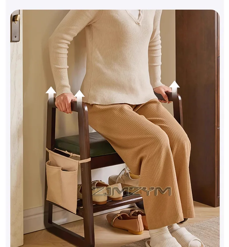 

Solid Wood Shoe Changing Stool with Armrests Walnut Colored Feet Elderly Shoe Wearing Stool Entrance Storage Stool