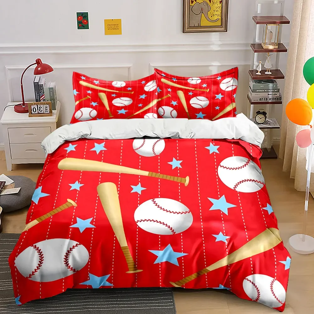 3Pcs Retro Baseball Bedding Set, Baseballs and Bats on Red Background Print Duvet Cover, Cozy Bedroom Decor