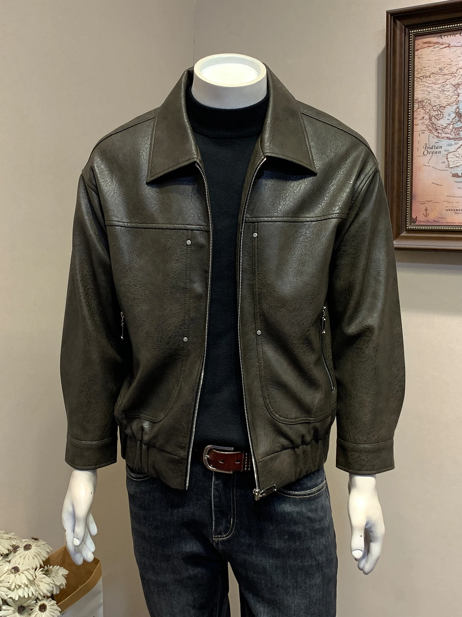 

Ретро американский повседневный воротник-стойка из искусственной кожи Jaet ort Байкерское пальто для мужчин Faion Urban Sle Осень-зима Новое поступление