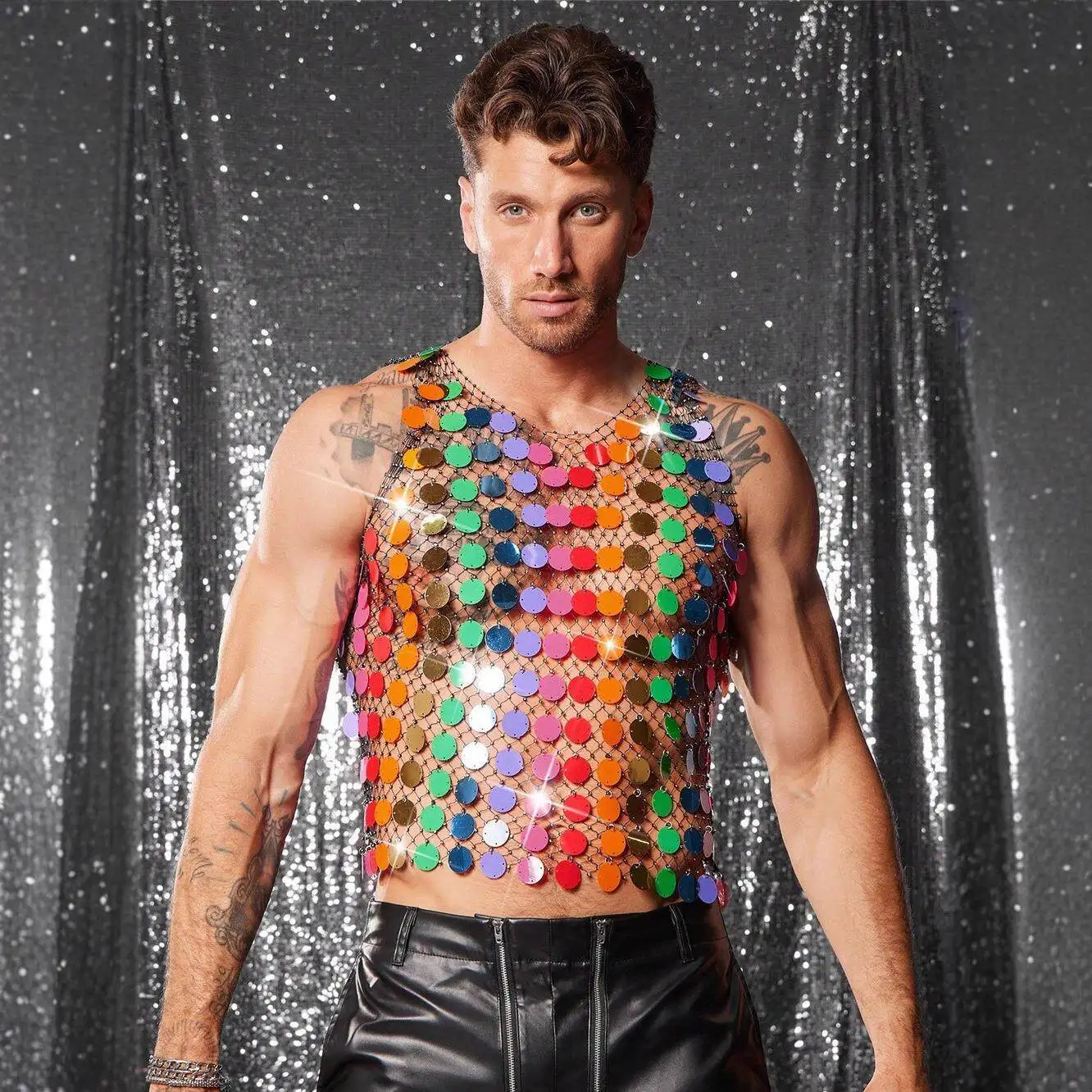 

New Beads Men's Hollow out Tank Top Nightclub Party Fishing Net Style Autumn Seven Sleeve Women's Cross-Border Clothing