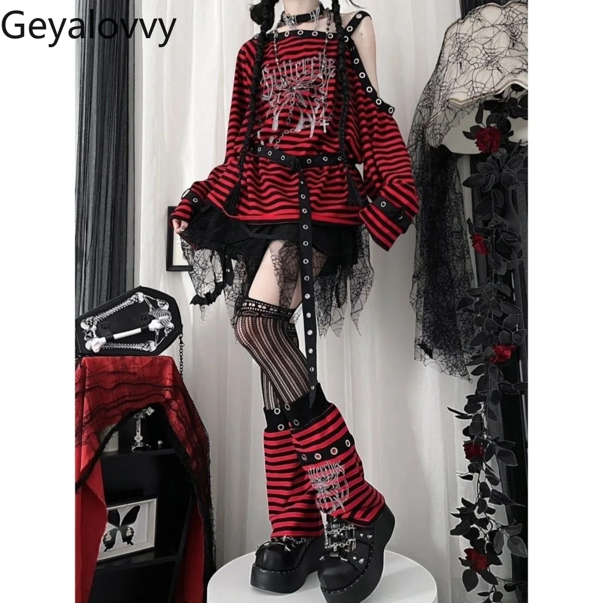 Subculture Punk Y2k Hottie Retro T-shirt a righe con stampa off-the-spalla Top da donna a maniche lunghe a contrasto allentato alla moda